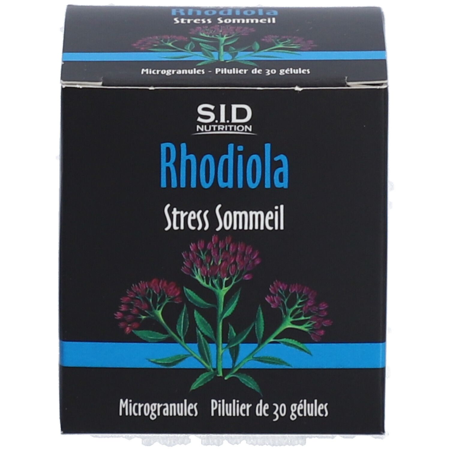 Schwarze Schachtel mit blauen Akzenten. Aufschrift: Rhodiola Stress Sommeil. SID Nutrition Logo. 30 Mikrokapseln.