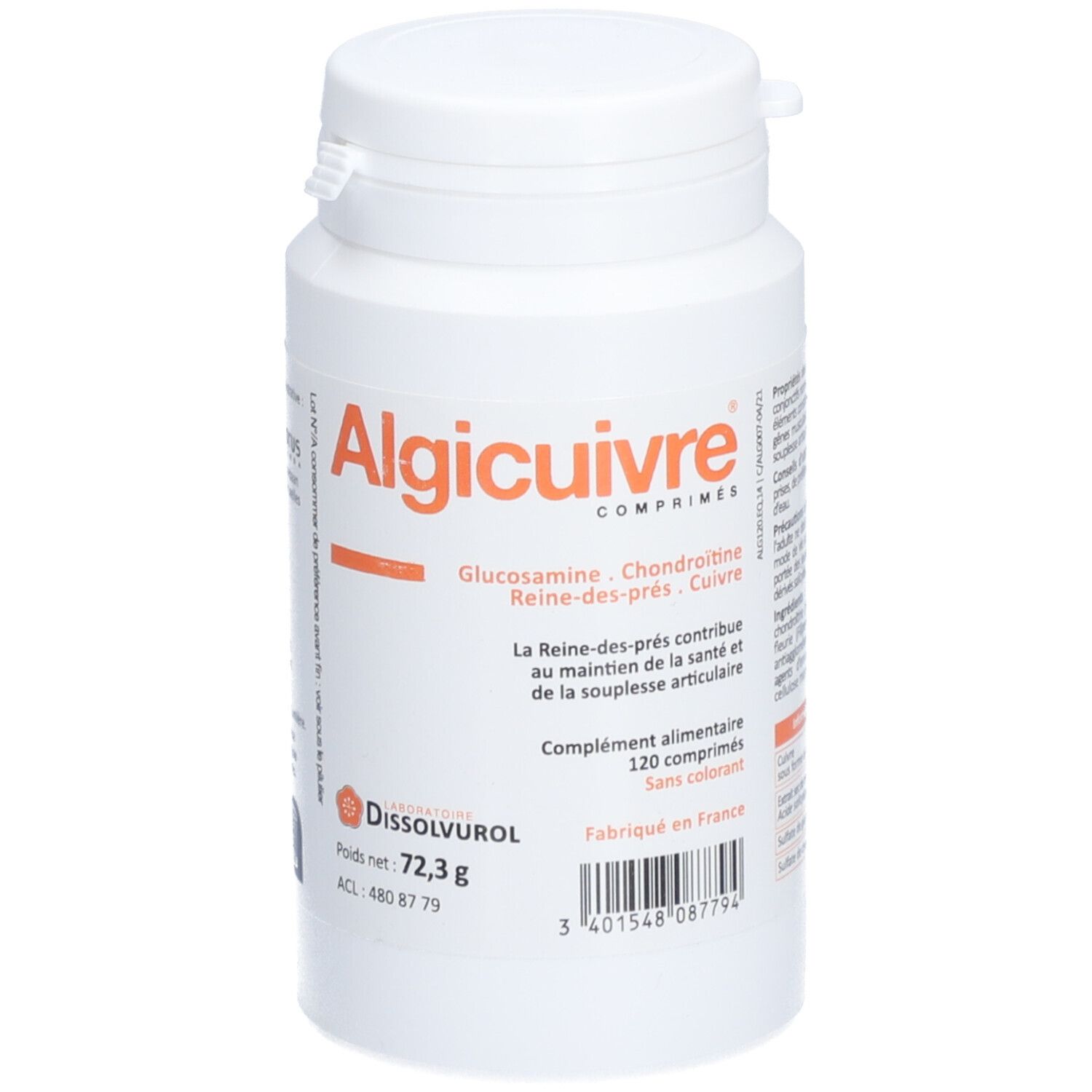 Weiße Tablettenflasche mit Aufschrift Algicuivre. Enthält 120 Tabletten. Hersteller: Dissolvurol.