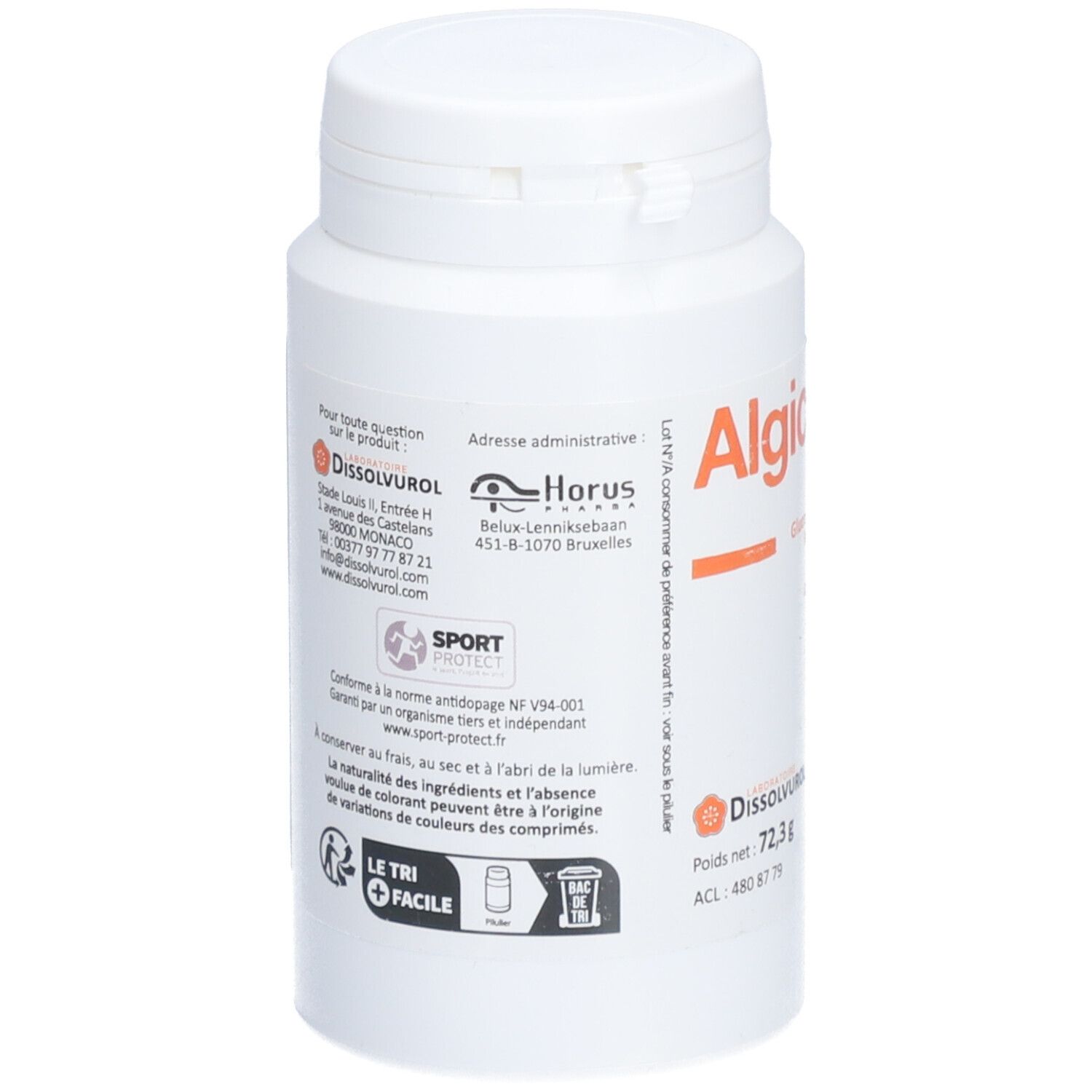 Weiße Tablettenflasche mit Aufschrift Algicuivre. Enthält 120 Tabletten. Hersteller: Dissolvurol. Mit Sport Protect Logo.