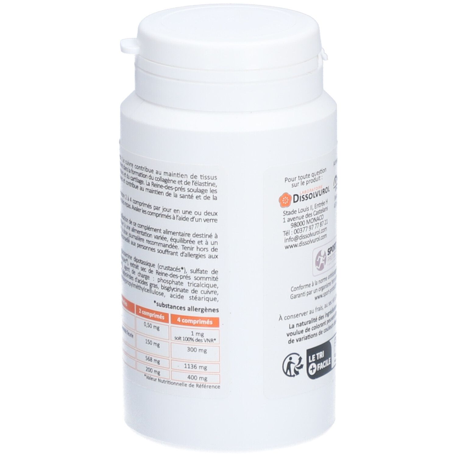 Rückseite der Tablettenflasche Algicuivre. Enthält Informationen zu Inhaltsstoffen und Nährwerten. Hersteller: Dissolvurol.