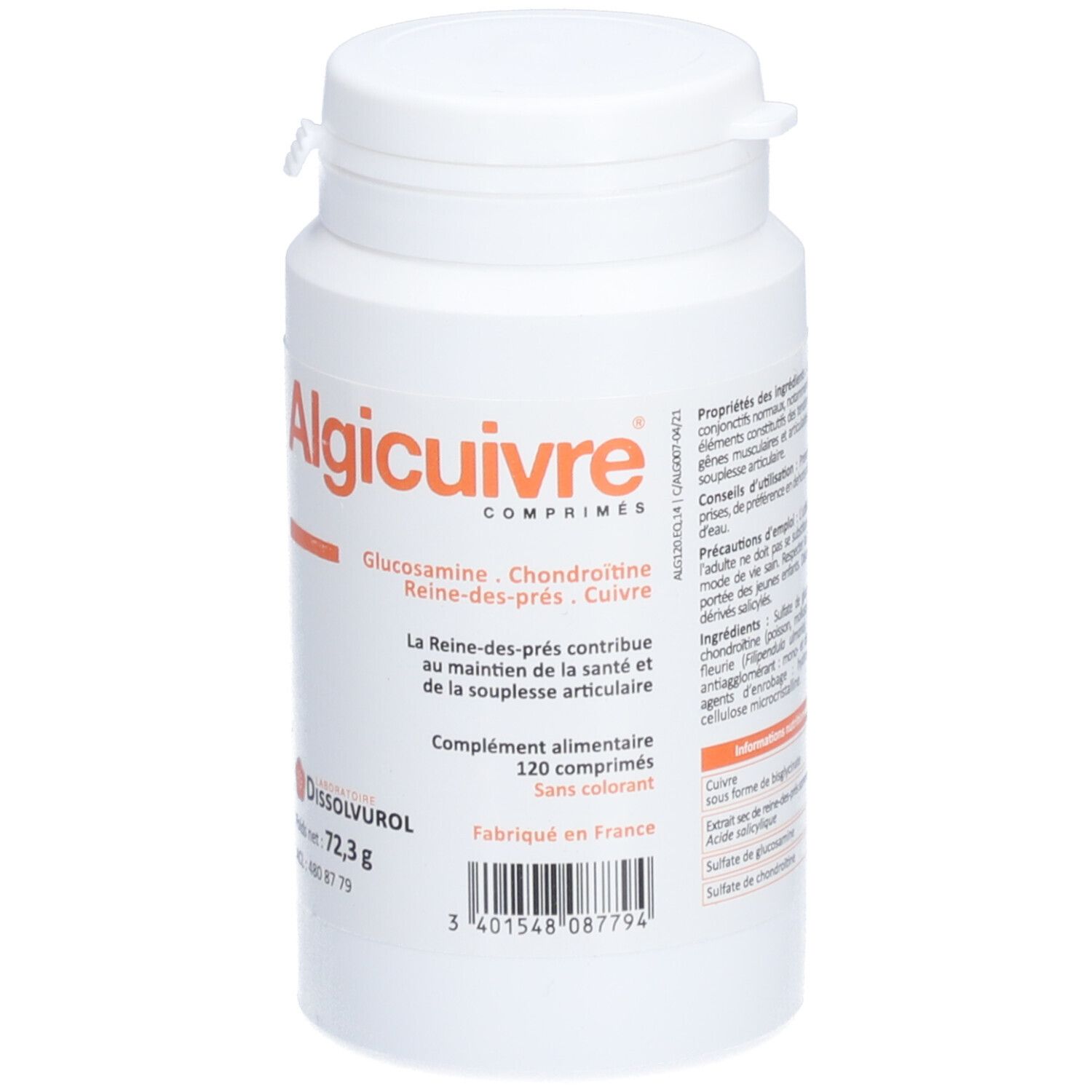 Weiße Tablettenflasche mit Aufschrift Algicuivre. Enthält 120 Tabletten. Hersteller: Dissolvurol. Mit Inhaltsangaben.