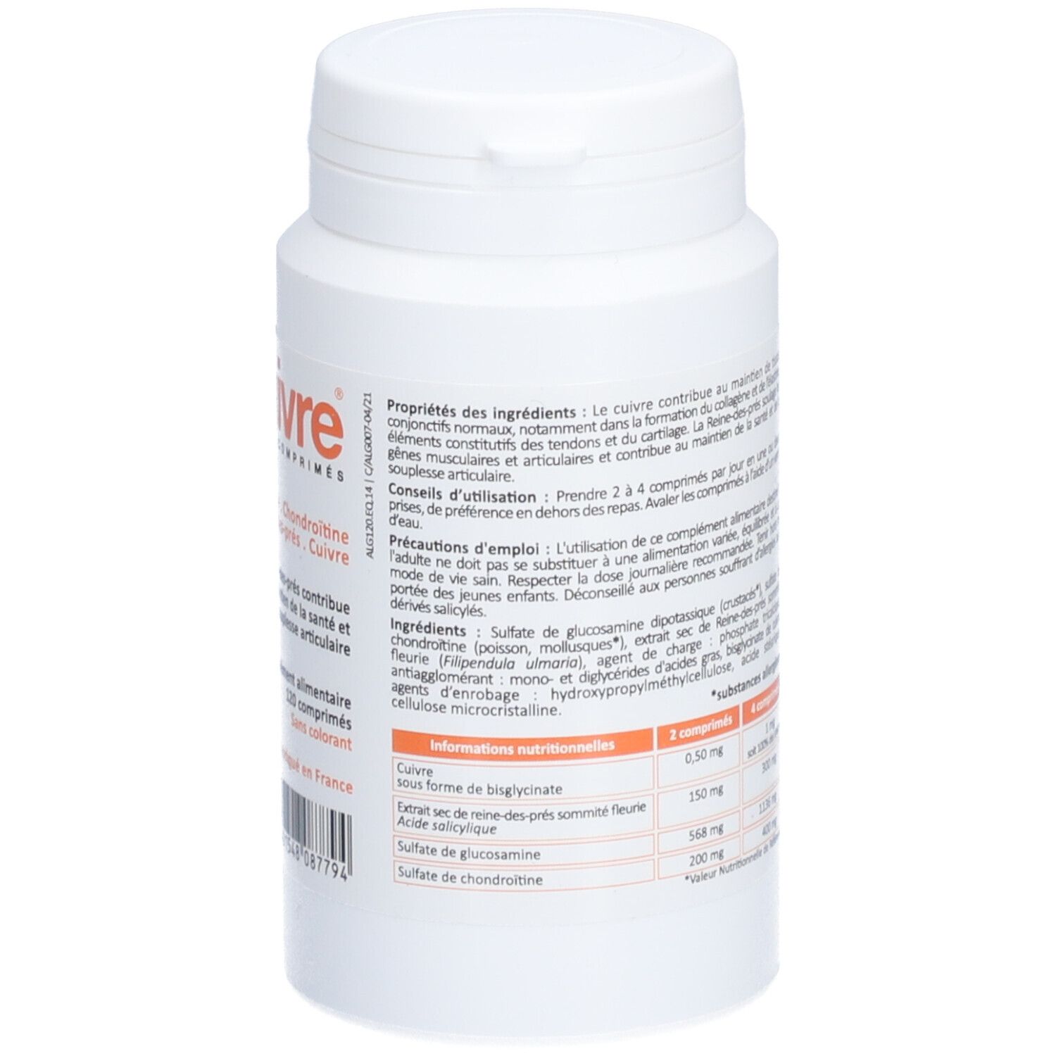 Rückseite der Tablettenflasche Algicuivre. Enthält Informationen zu Inhaltsstoffen und Nährwerten. Hersteller: Dissolvurol.