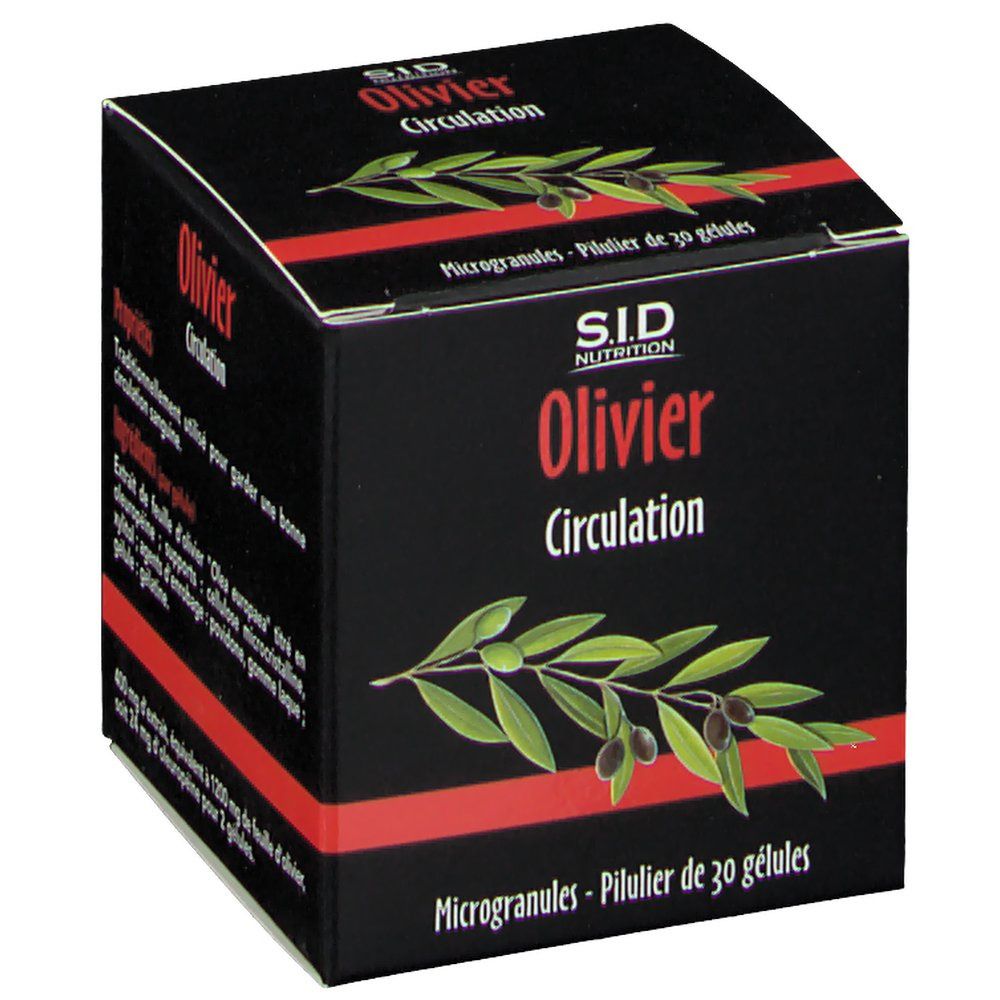 SID Nutrition Olivier Circulation: Schwarze Packung mit Olivenzweig-Illustration. Enthält 30 Gelkapseln.