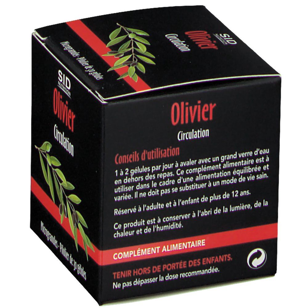SID Nutrition Olivier Circulation: Rückseite der Packung mit Anwendungshinweisen und Warnungen. Enthält 30 Gelkapseln.