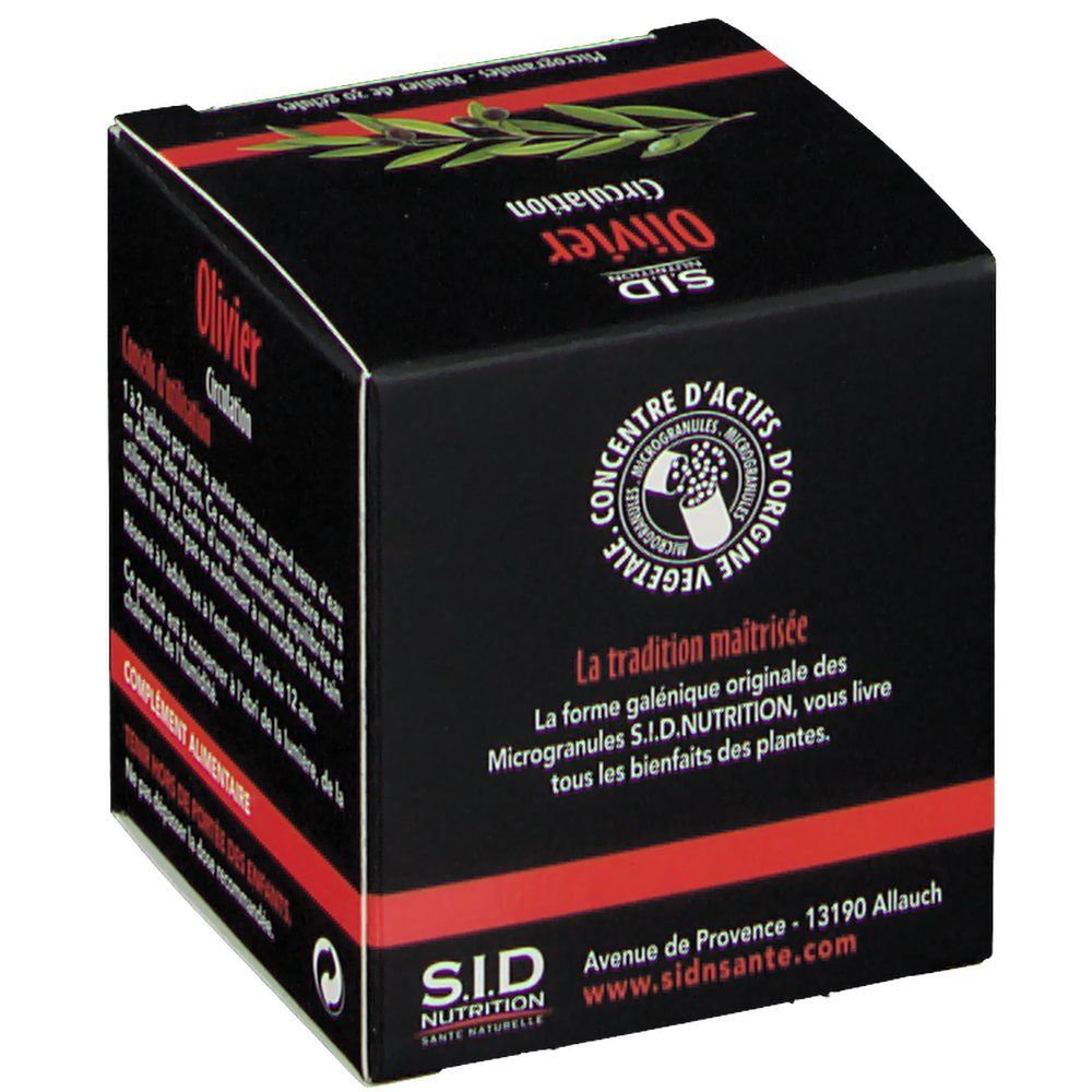 SID Nutrition Olivier Circulation: Seitenansicht der Packung mit Informationen zu pflanzlichen Wirkstoffen. Enthält 30 Gelkapseln.