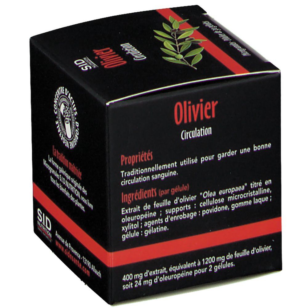 SID Nutrition Olivier Circulation: Seitenansicht der Packung mit Produkteigenschaften und Inhaltsstoffen. Enthält 30 Gelkapseln.