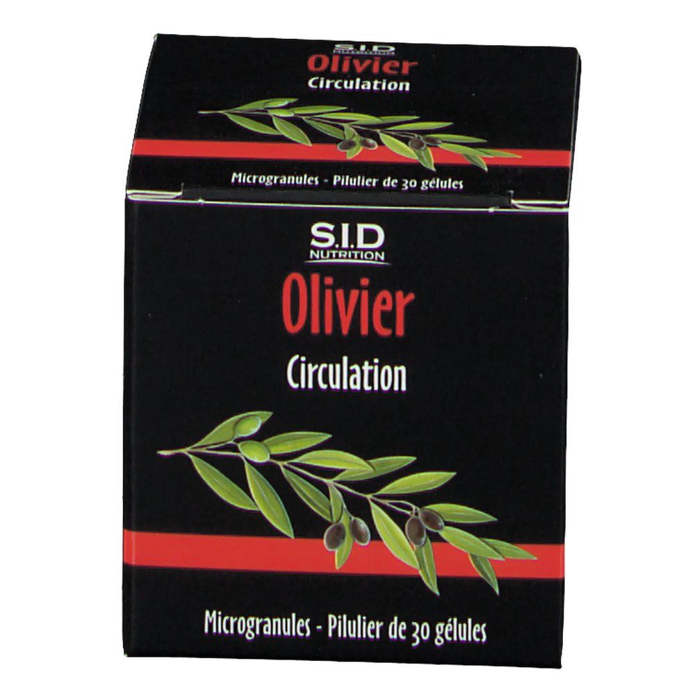 SID Nutrition Olivier Circulation: Vorderseite der Packung mit Olivenzweig-Illustration. Enthält 30 Gelkapseln.