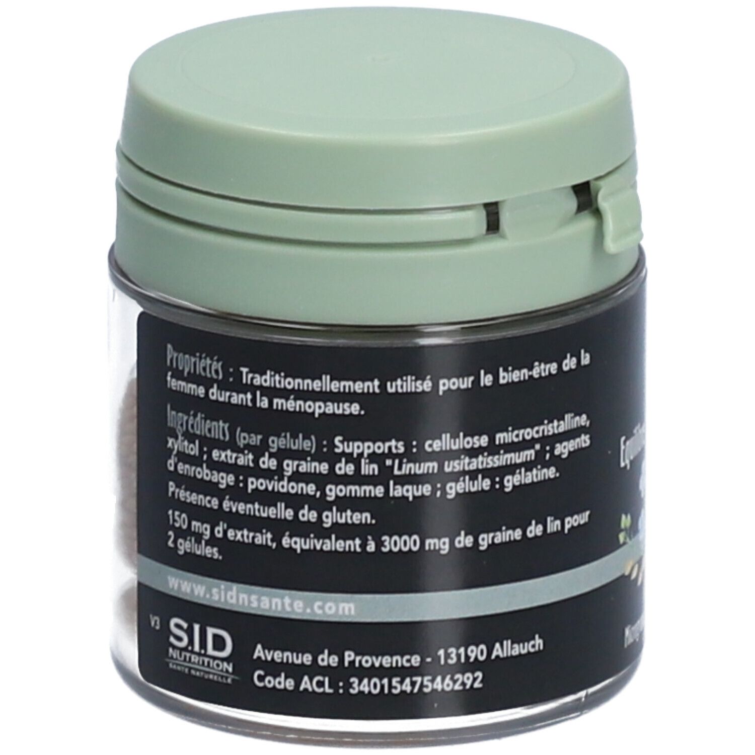 Rückseite der Dose. Text: Eigenschaften, Inhaltsstoffe, SID Nutrition, Adresse.