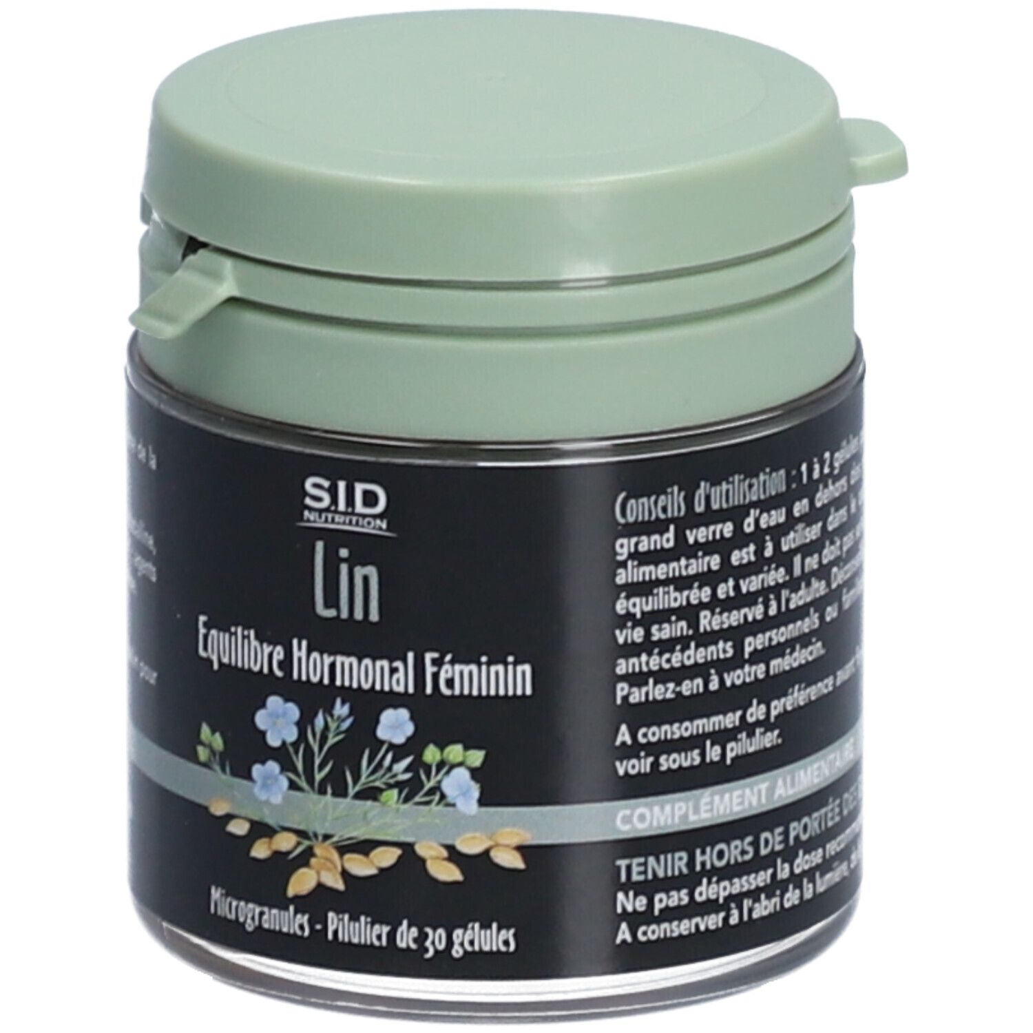 Dose mit grünem Deckel. Aufschrift: SID Nutrition, Lin, Équilibre Hormonal Féminin. 30 Mikrokapseln.