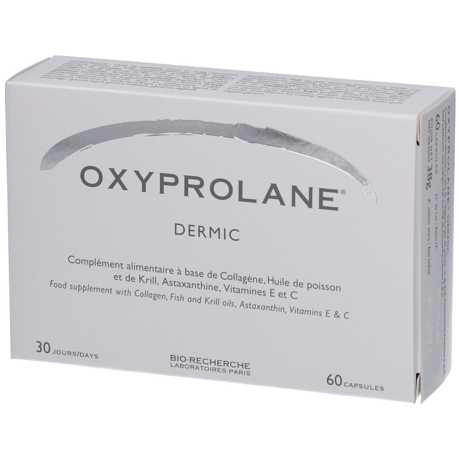 Weiße Schachtel mit "Oxyprolane Dermic"-Logo. Enthält 60 Kapseln. Text in Französisch und Englisch.