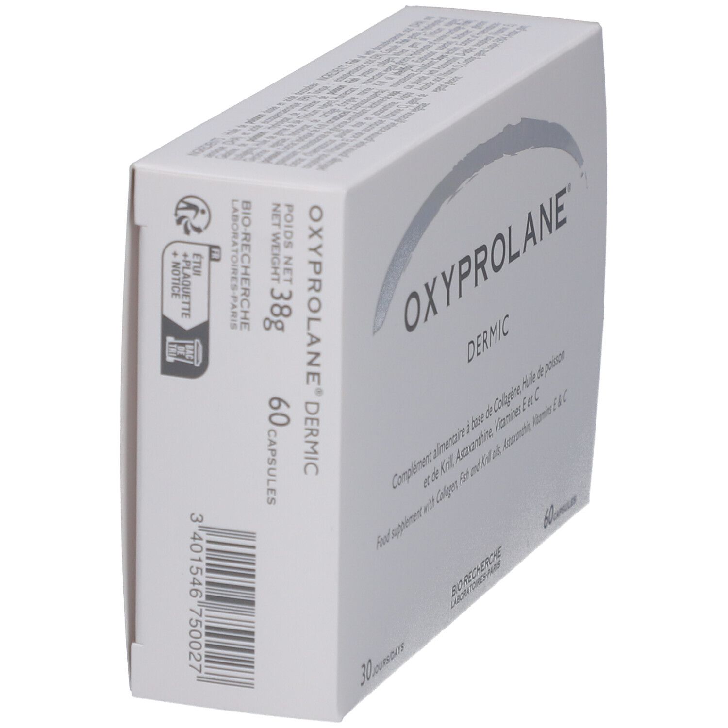 Schachtel "Oxyprolane Dermic" in Schrägansicht. Enthält 60 Kapseln. Text in Französisch und Englisch. Gewicht: 38g.