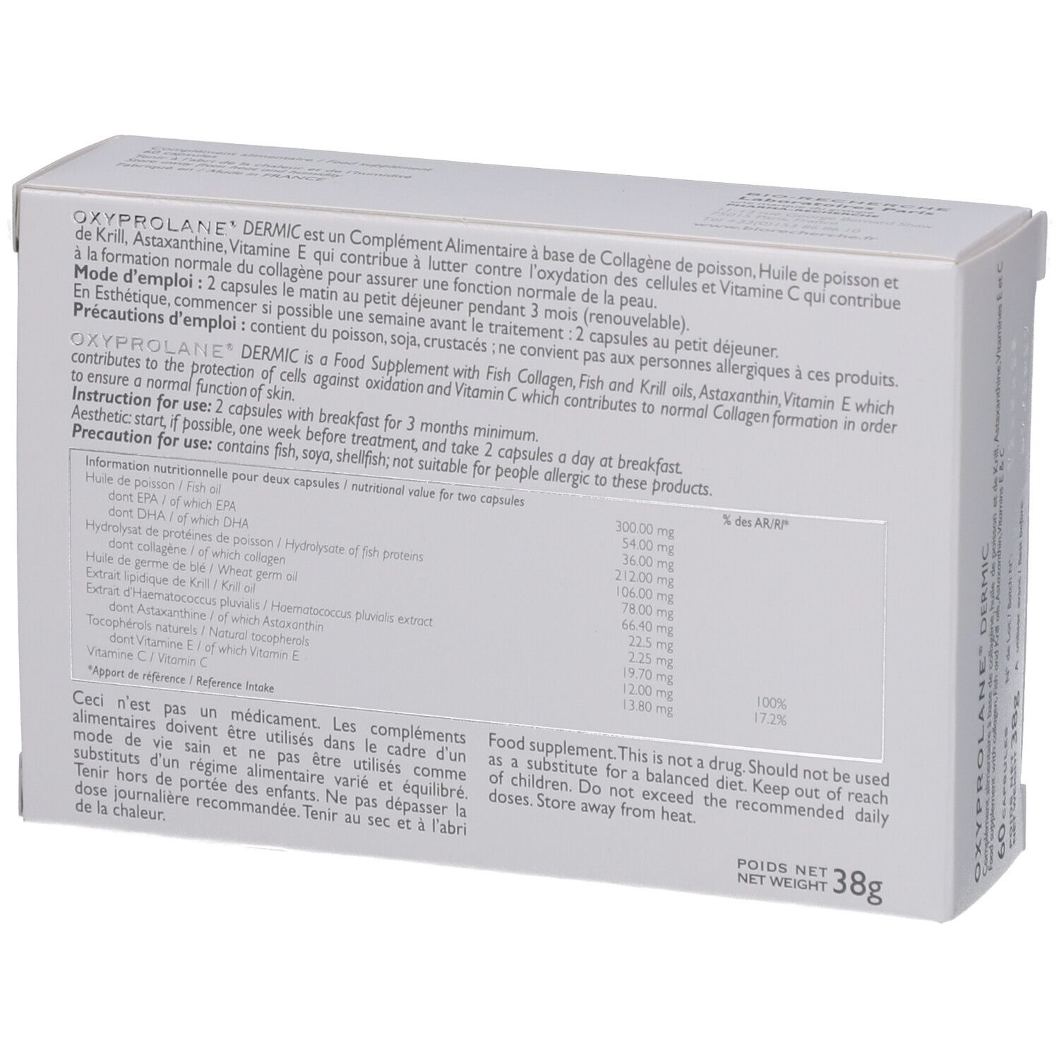 Rückseite der "Oxyprolane Dermic"-Schachtel. Enthält Informationen zu Inhaltsstoffen und Anwendung. Gewicht: 38g.