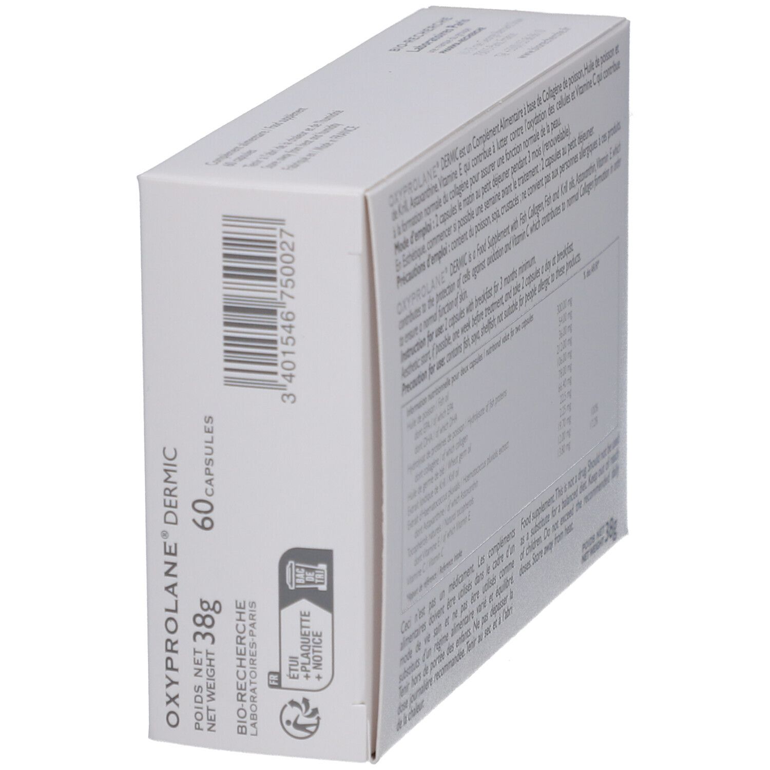 Schachtel "Oxyprolane Dermic" in Schrägansicht. Enthält 60 Kapseln. Gewicht: 38g. Barcode und Logo.