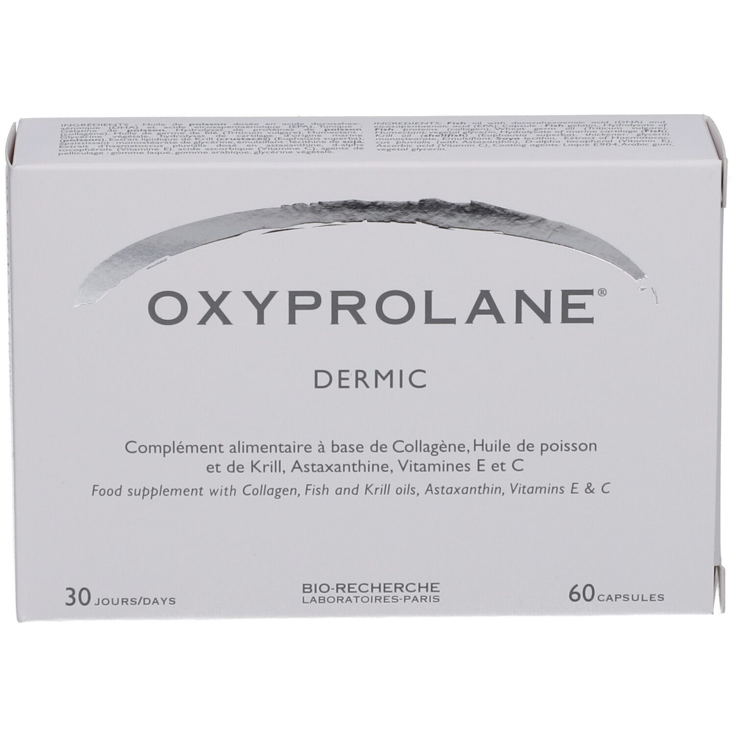 Weiße Schachtel mit "Oxyprolane Dermic"-Logo. Enthält 60 Kapseln. Text in Französisch und Englisch.