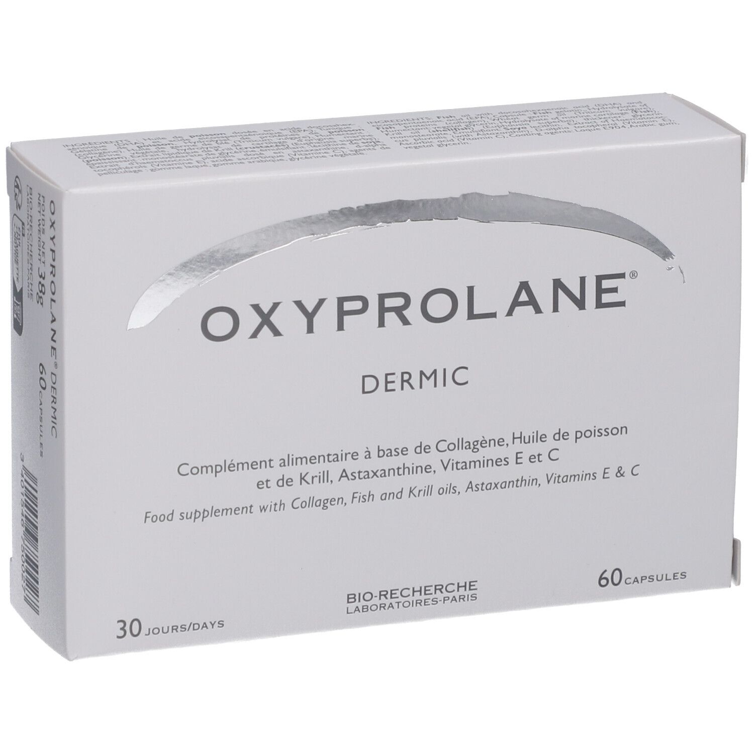 Weiße Schachtel mit "Oxyprolane Dermic"-Logo. Enthält 60 Kapseln. Text in Französisch und Englisch.