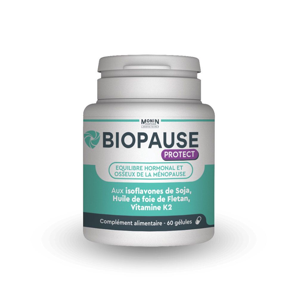 Weiße Flasche mit Kapseln. Aufschrift: BIOPAUSE PROTECT. Enthält Isoflavone, Fischöl, Vitamin K2. 60 Kapseln.