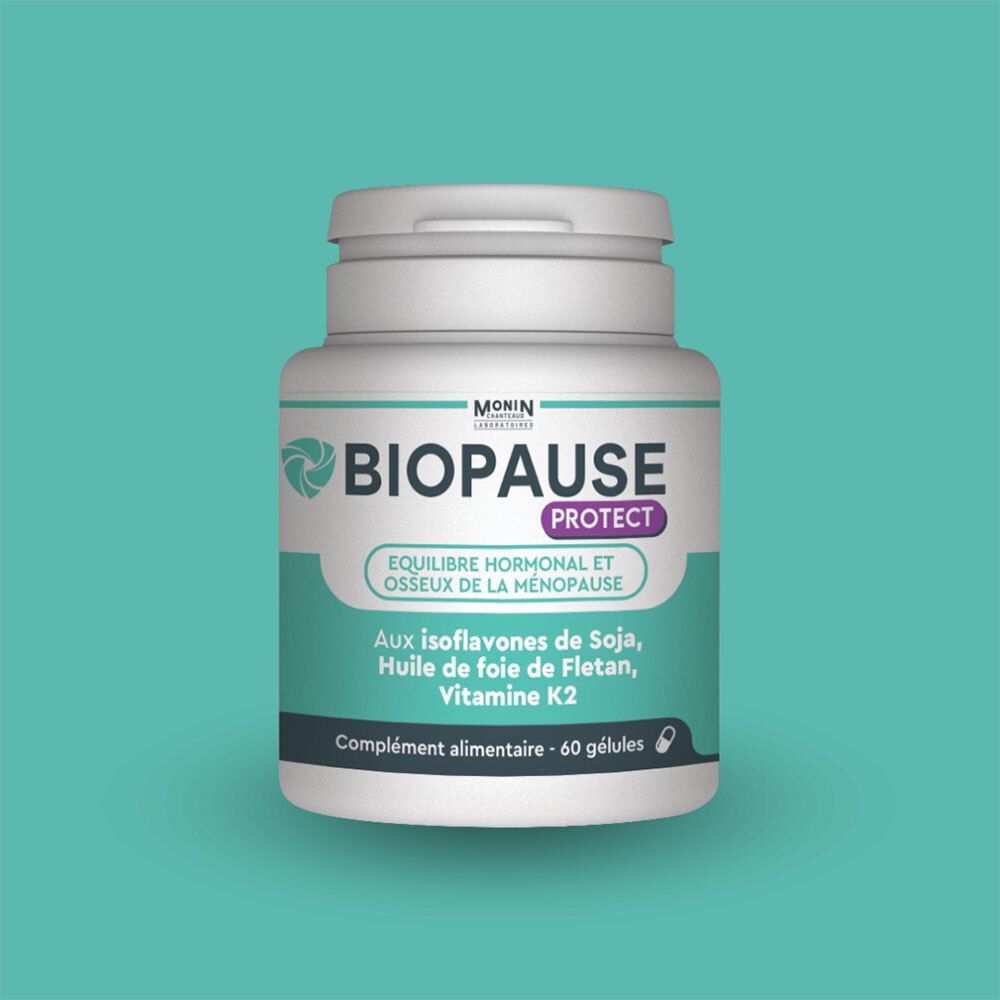Weiße Flasche mit Kapseln. Aufschrift: BIOPAUSE PROTECT. Enthält Isoflavone, Fischöl, Vitamin K2. 60 Kapseln.