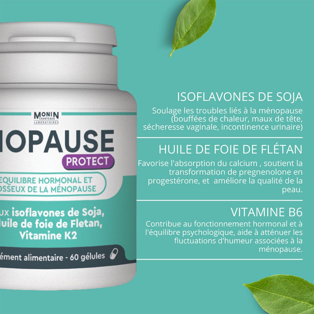 Text mit Inhaltsstoffen und Wirkungen von BIOPAUSE PROTECT: Isoflavone, Fischöl, Vitamin B6. Blätter im Hintergrund.