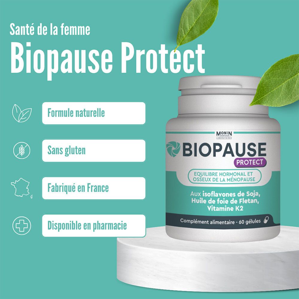 BIOPAUSE PROTECT-Produkt auf Sockel. Formel, glutenfrei, hergestellt in Frankreich, in Apotheken erhältlich.