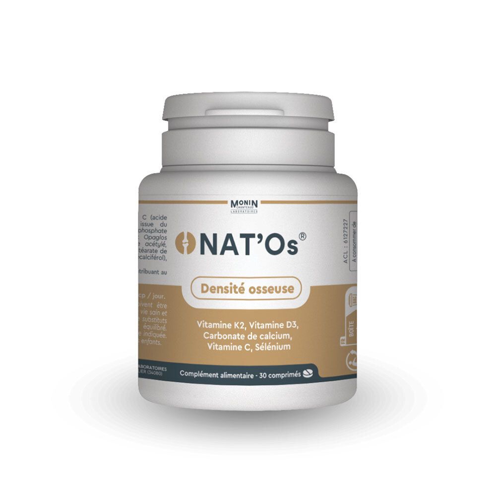 Flacon blanc de compléments alimentaires NAT'Os. Contient vitamines K2, D3, C, carbonate de calcium, sélénium. Densité osseuse.