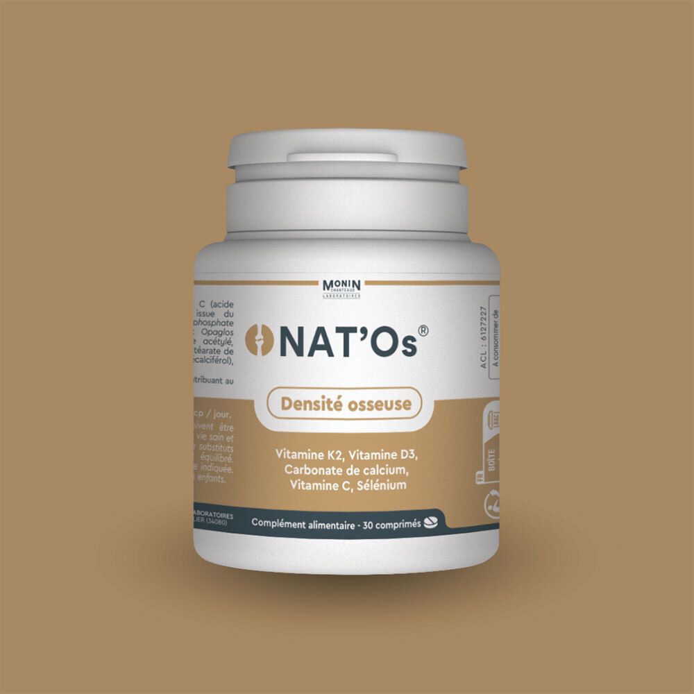 Flacon blanc de compléments alimentaires NAT'Os. Contient vitamines K2, D3, C, carbonate de calcium, sélénium. Densité osseuse.