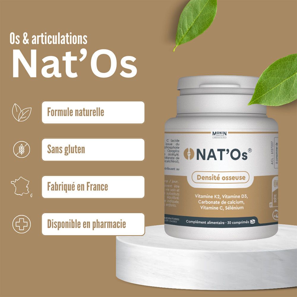 Flacon de produit avec infos sur vitamines K2, D3, C et sélénium. Texte : Os & articulations, NAT'Os, densité osseuse.