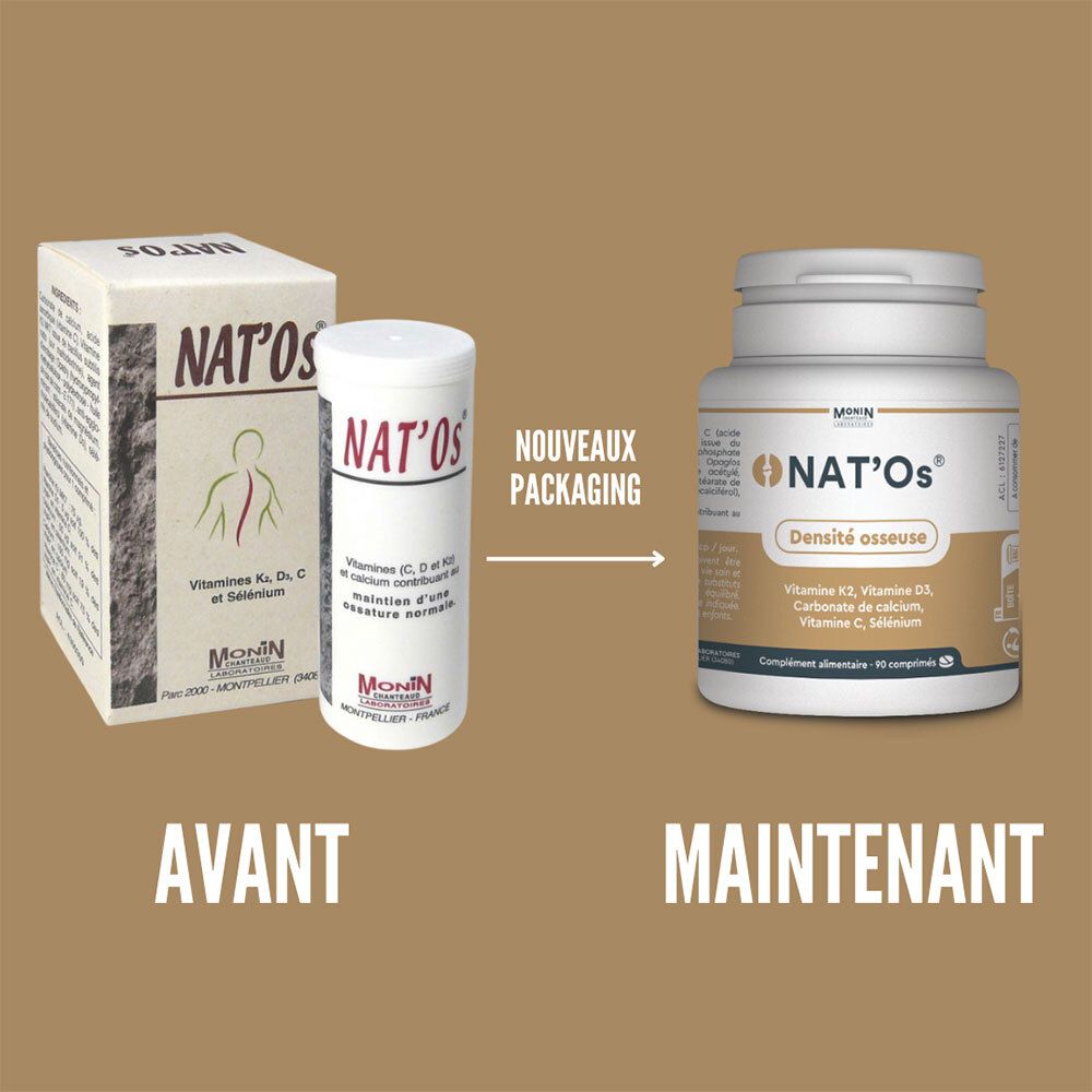 Comparaison d'emballages : carton à gauche, flacon à droite. Inscription : NAT'Os. Texte : Nouveau packaging.