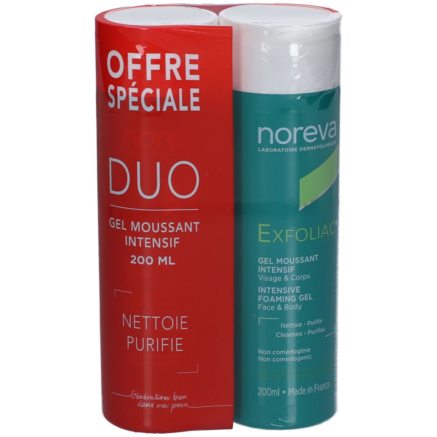 Pack Duo NOREVA Exfoliac Gel moussant intensif. Emballage rouge avec produit et informations.