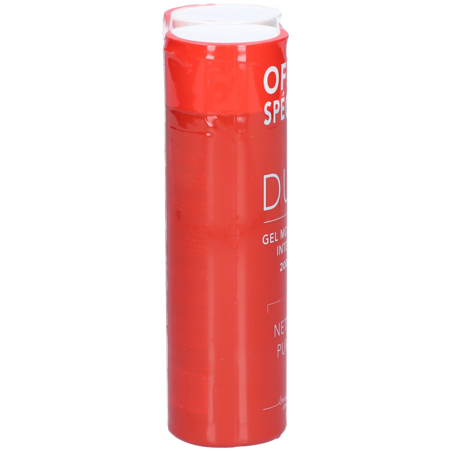 Emballage Duo rouge. Inscriptions: OFFRE SPÉCIALE, DUO, GEL MOUSSANT INTENSIF, 200 ML, NETTOIE PURIFIE.