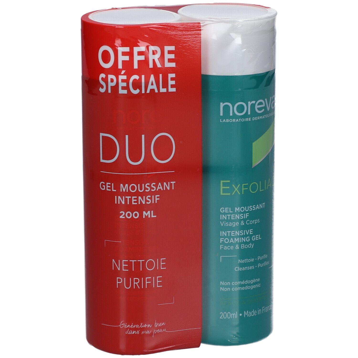 Pack Duo NOREVA Exfoliac Gel moussant intensif. Emballage rouge avec produit et informations.