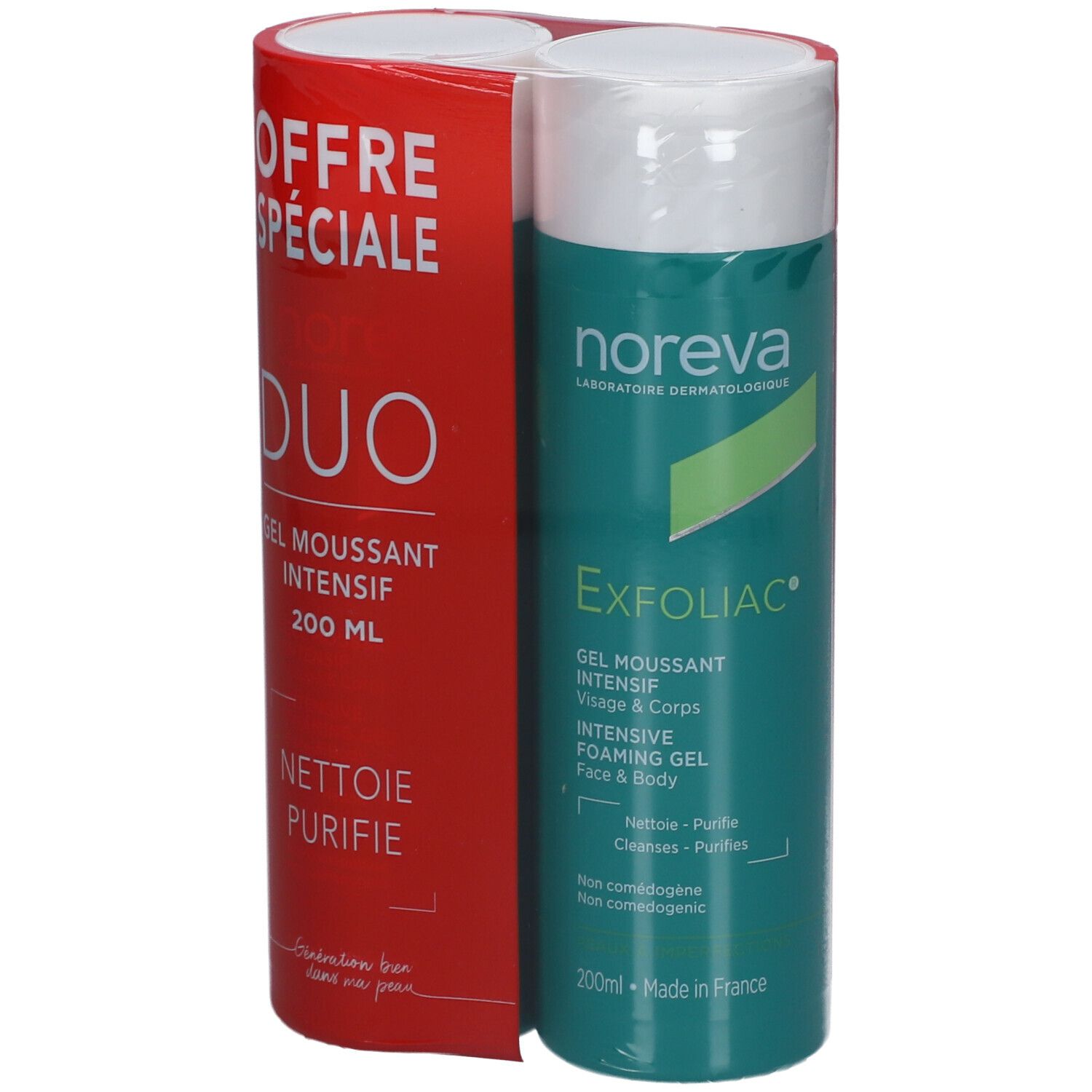 Pack Duo NOREVA Exfoliac Gel moussant intensif. Emballage rouge avec produit et informations.