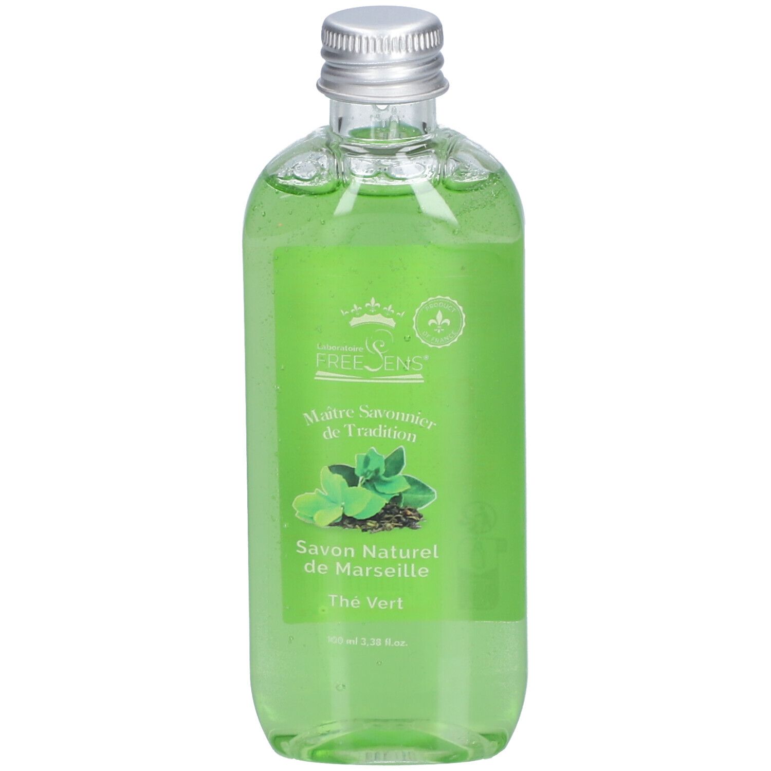 Flacon transparent de savon liquide vert. Bouchon argenté. Étiquette: Freesens, Savon Naturel de Marseille, Thé Vert. Ingrédients visibles.