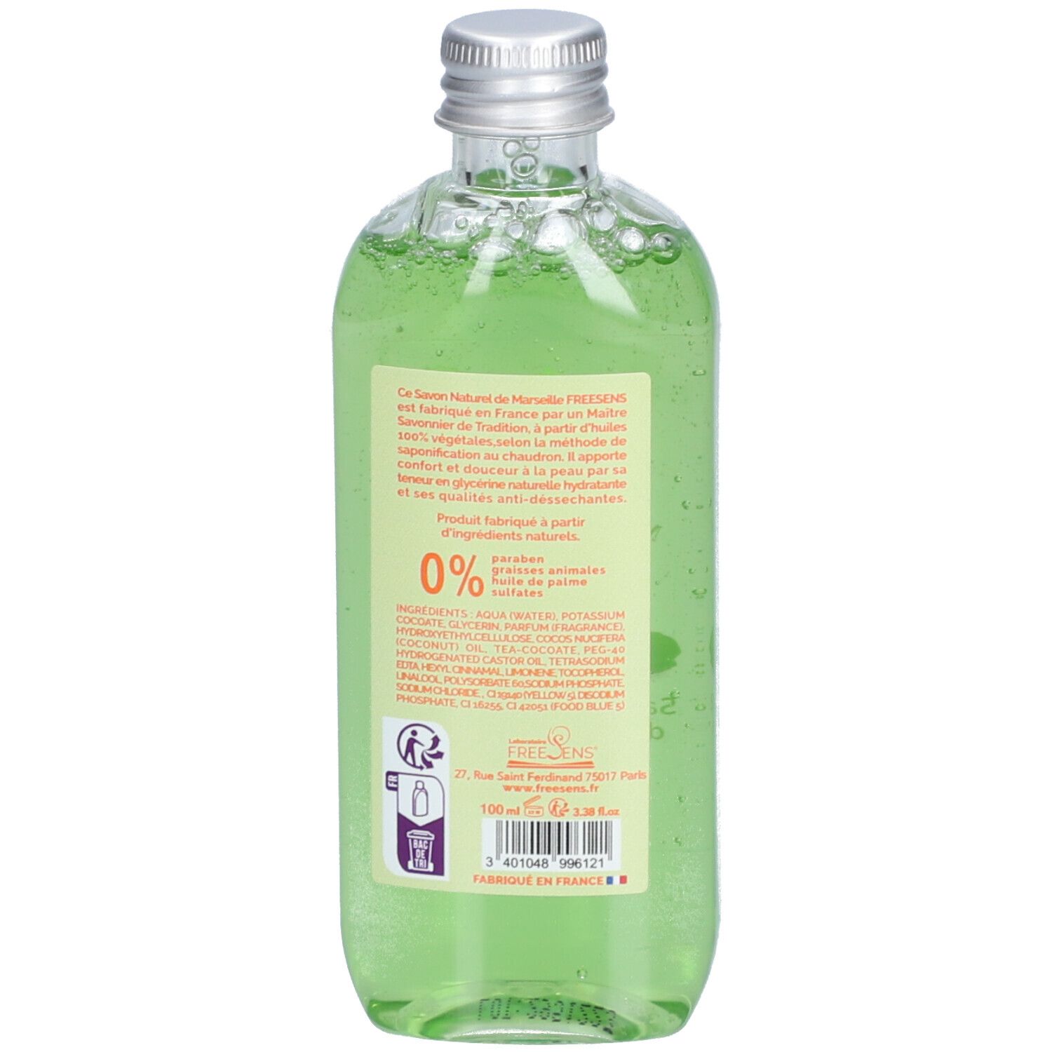 Dos d'un flacon de savon liquide vert. Texte: Freesens, Savon Naturel de Marseille. 0% graisses animales. Ingrédients. Fabriqué en France.