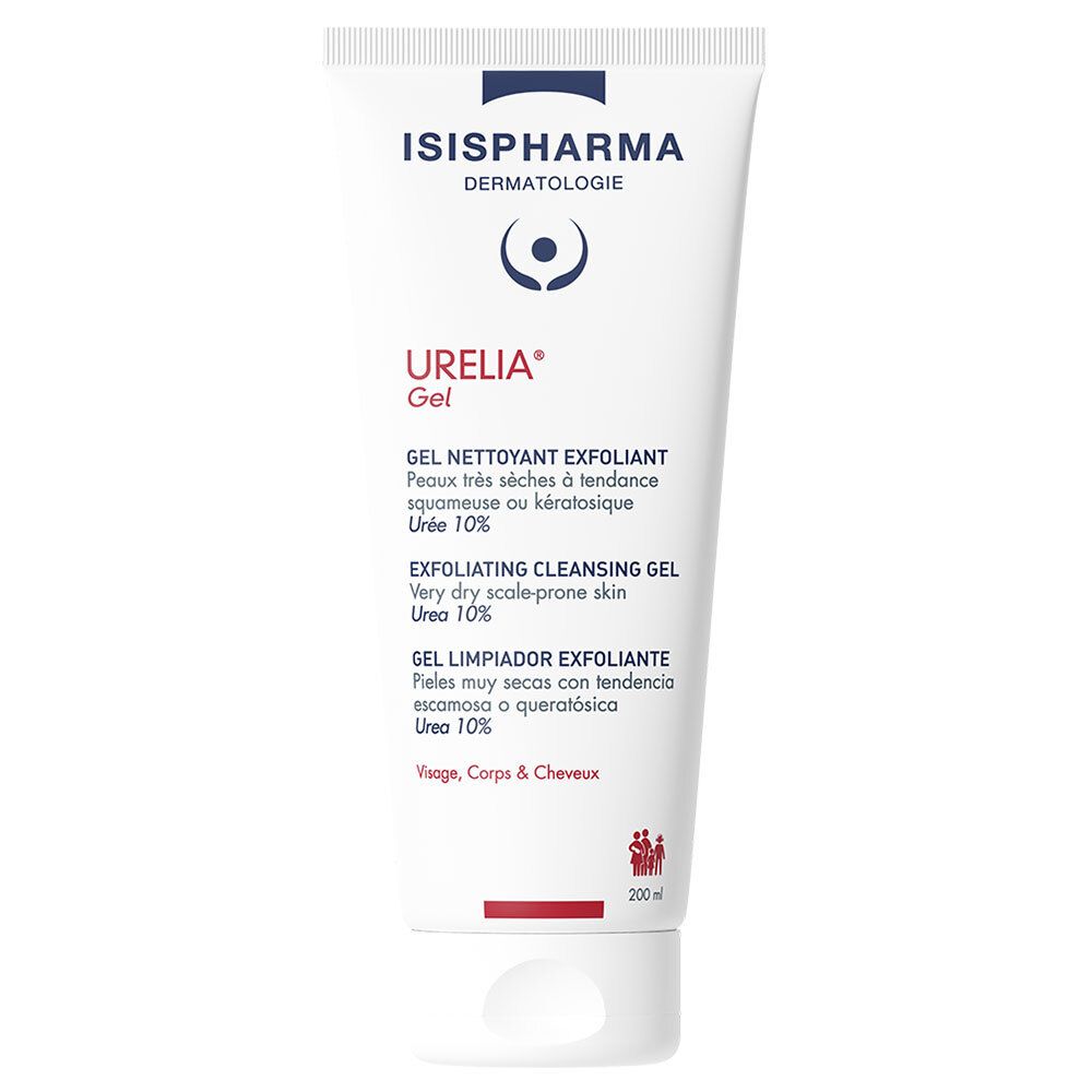 Weiße Tube mit ISISPHARMA-Logo und Urelia Gel-Aufschrift. Enthält Text in mehreren Sprachen, darunter „Exfoliating Cleansing Gel“.
