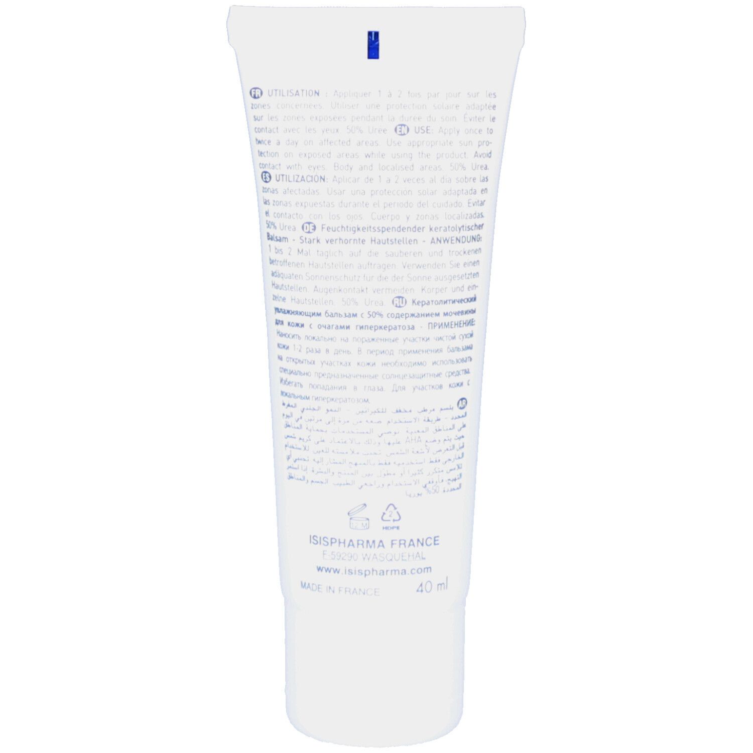 Rückseite der Tube mit Text in mehreren Sprachen. Enthält Informationen zu Anwendung und Inhaltsstoffen. 40 ml.