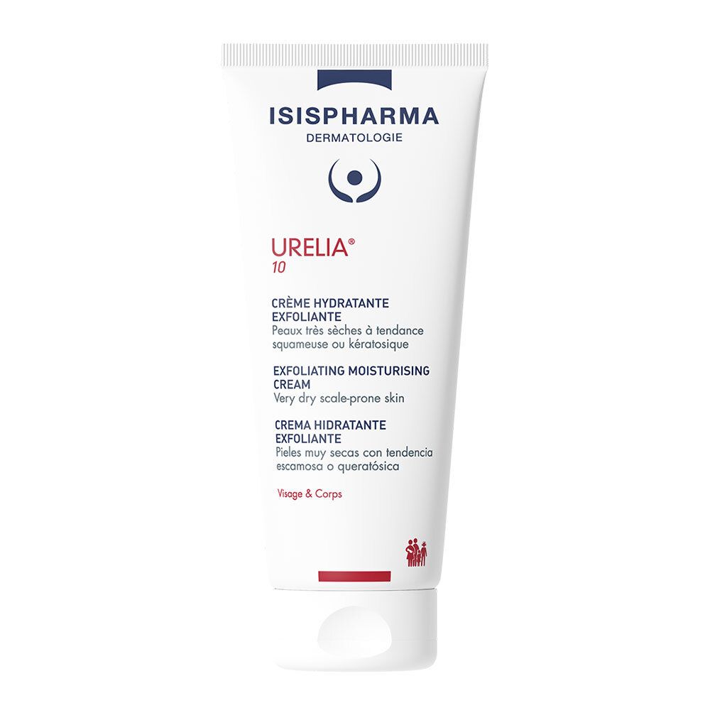 Weiße Tube mit blauer und roter Beschriftung. Enthält Creme. Aufschrift: Urelia 10, Creme hydratante exfoliante.