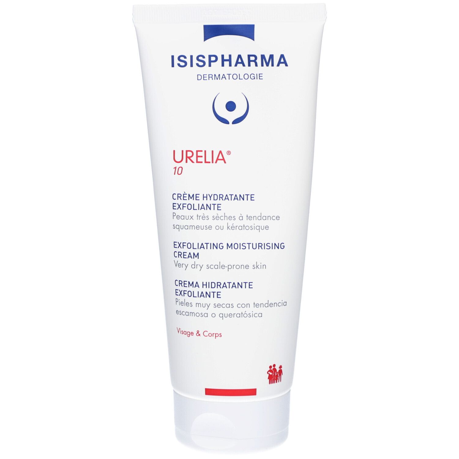 Weiße Tube mit blauer und roter Beschriftung. Enthält Creme. Aufschrift: Urelia 10, Creme hydratante exfoliante.