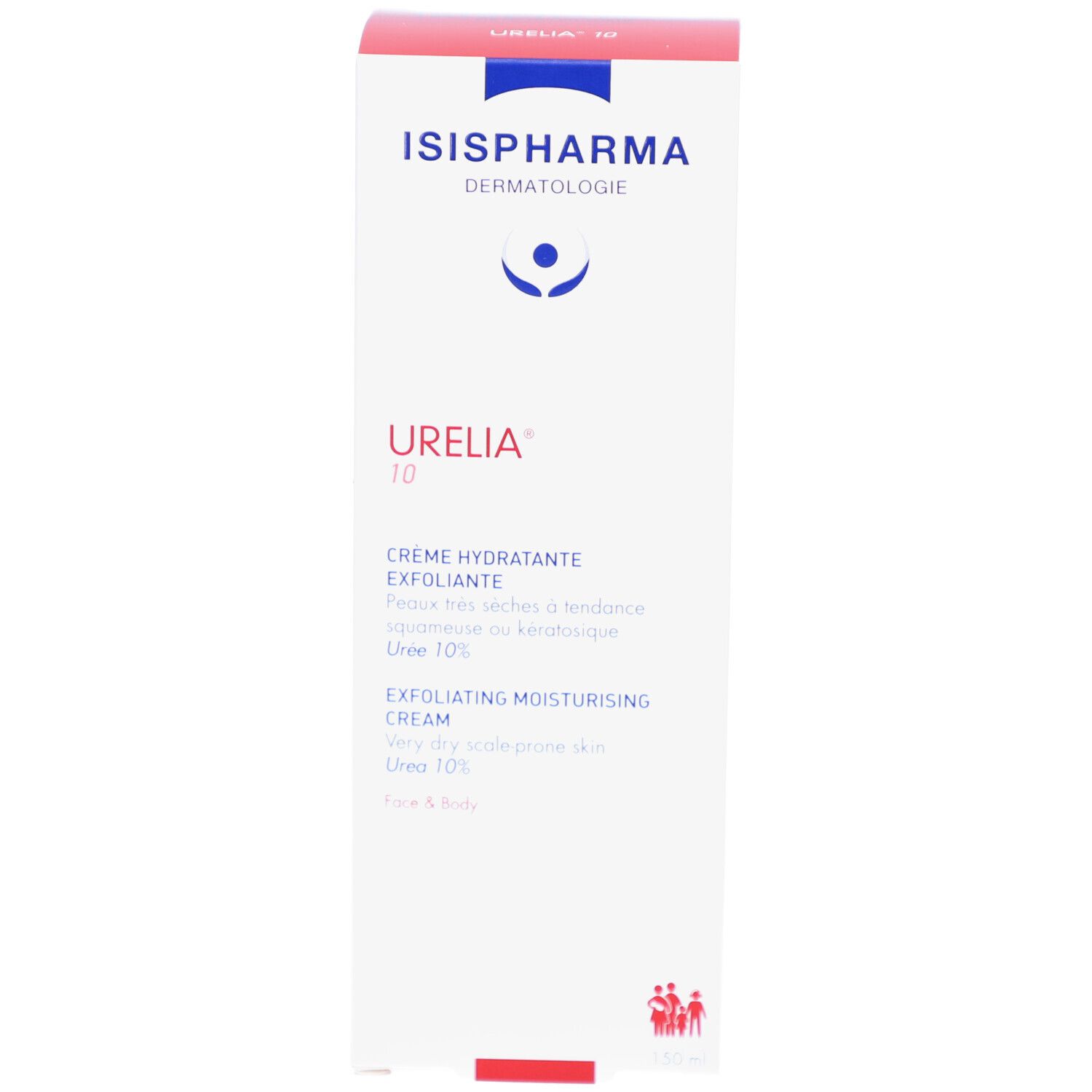 Weiße Schachtel mit blauer und roter Beschriftung. Aufschrift: Urelia 10, Creme hydratante exfoliante. Enthält Creme.