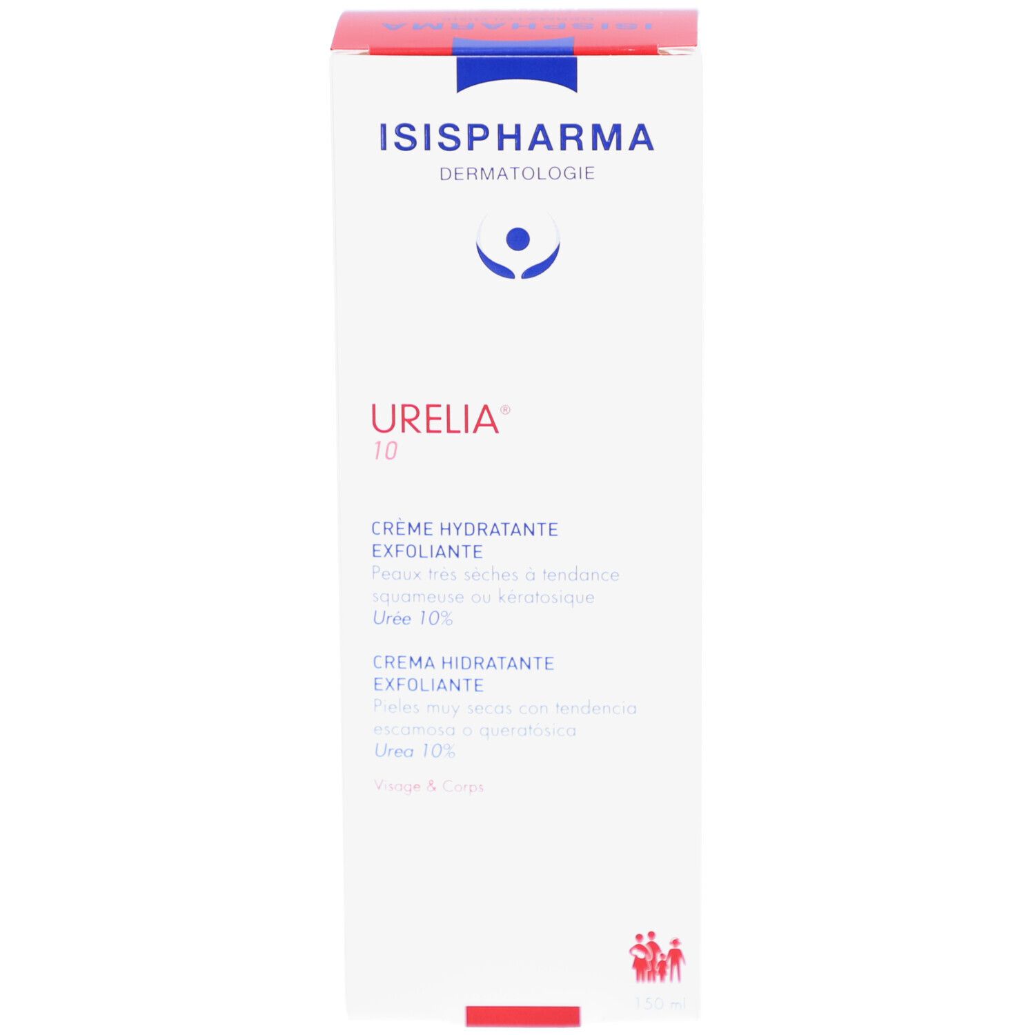 Weiße Schachtel mit blauer und roter Beschriftung. Aufschrift: Urelia 10, Creme hydratante exfoliante. Enthält Creme.