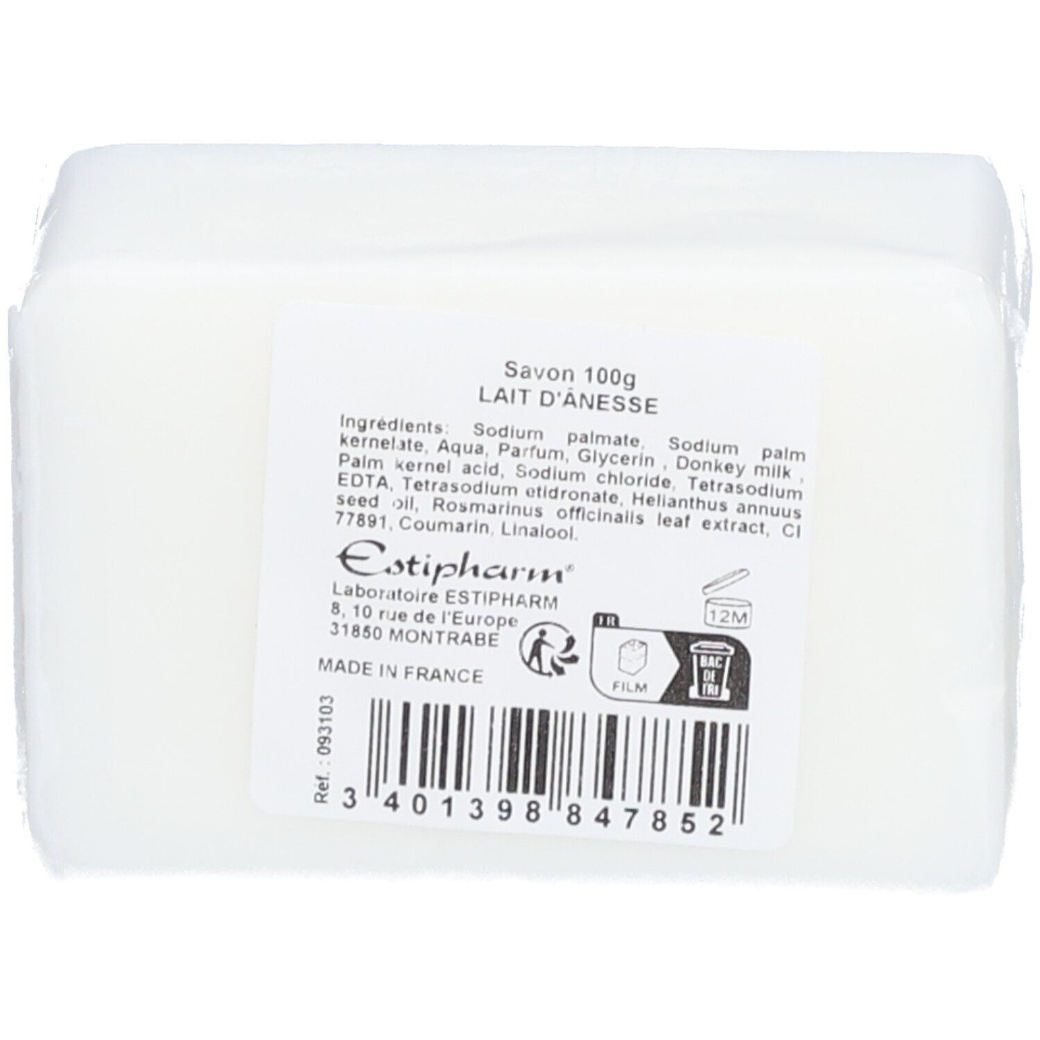 Savon rectangulaire avec étiquette. Texte: Savon 100g Lait d'ânesse. Marque: Estipharm.
