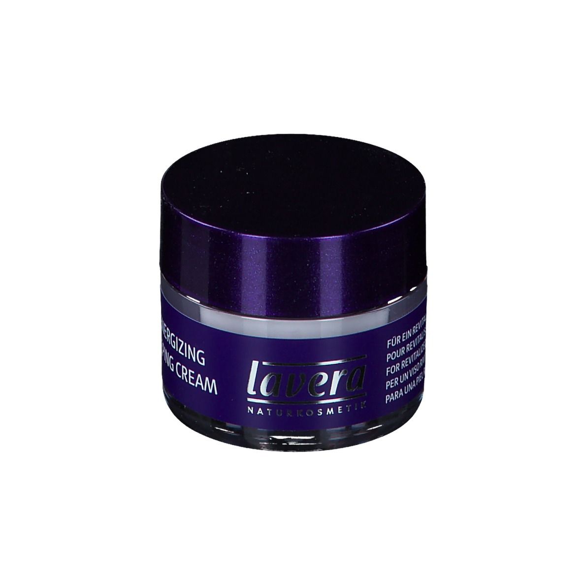 Pot de crème avec couvercle et étiquette violets. Inscription : Re-Energizing Sleeping Cream. Marque : lavera.
