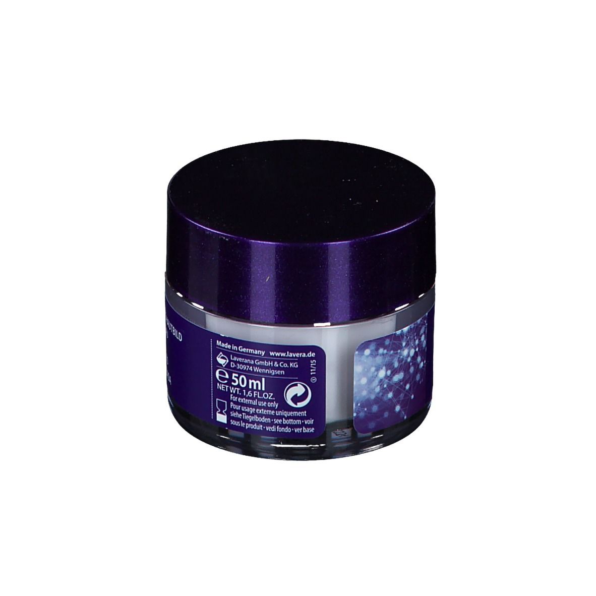 Pot de crème avec couvercle et étiquette violets. Inscription : e 50ml. Fabriqué en Allemagne. Marque : lavera.