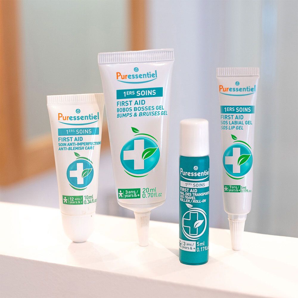 Vier Tuben. Aufschrift: Puressentiel 1. SOINS. Anti-Imperfektionen, Bobos, Lippen. 10 ml, 20 ml, 5 ml.