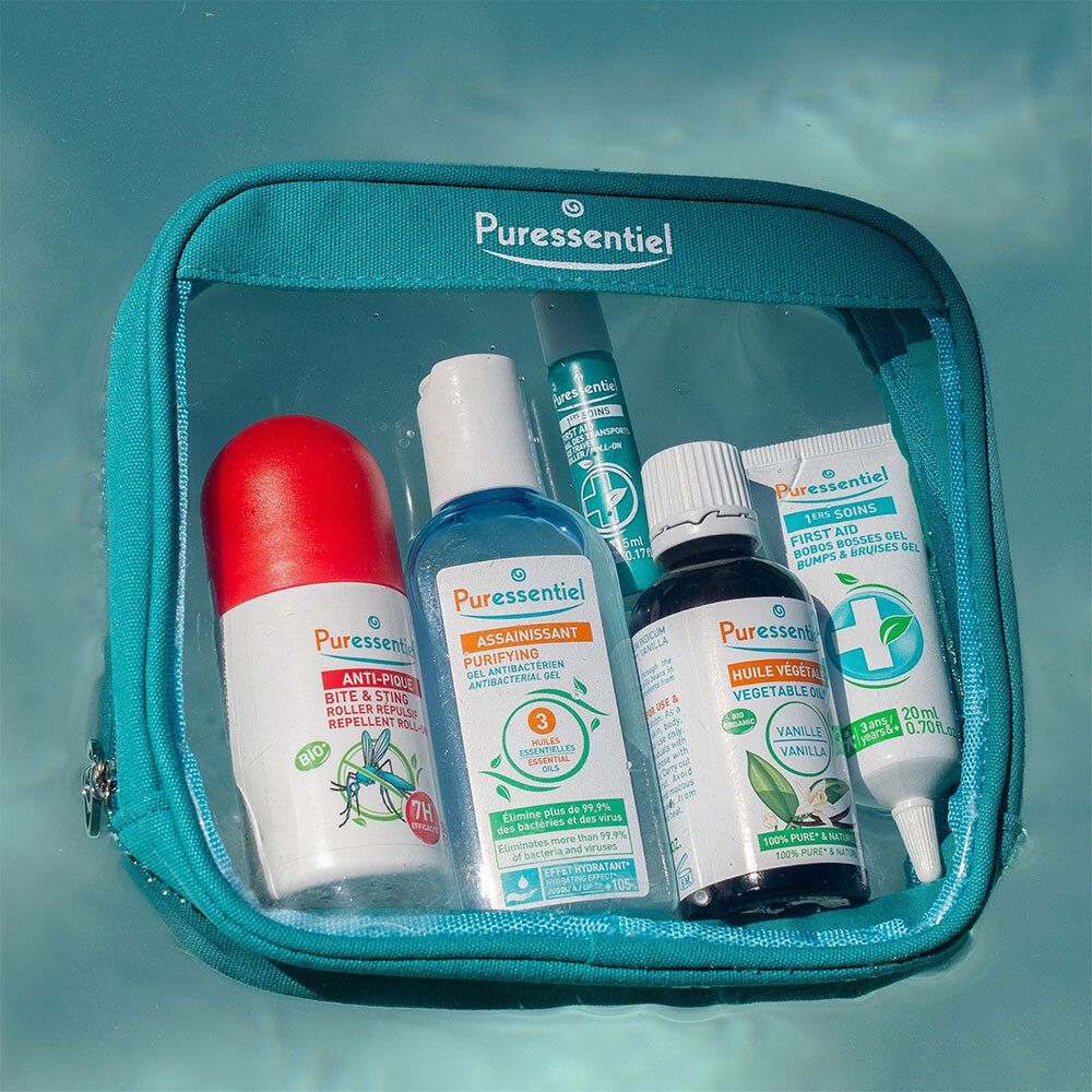 Tasche mit Produkten. Aufschrift: Puressentiel. Anti-Bite, Assainissant, Huile Végétale, SOS.