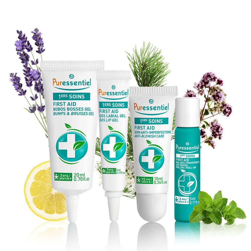 Vier Tuben und Pflanzen. Aufschrift: Puressentiel 1. SOINS. Anti-Imperfektionen, Bobos, Lippen. 10 ml, 20 ml, 5 ml.
