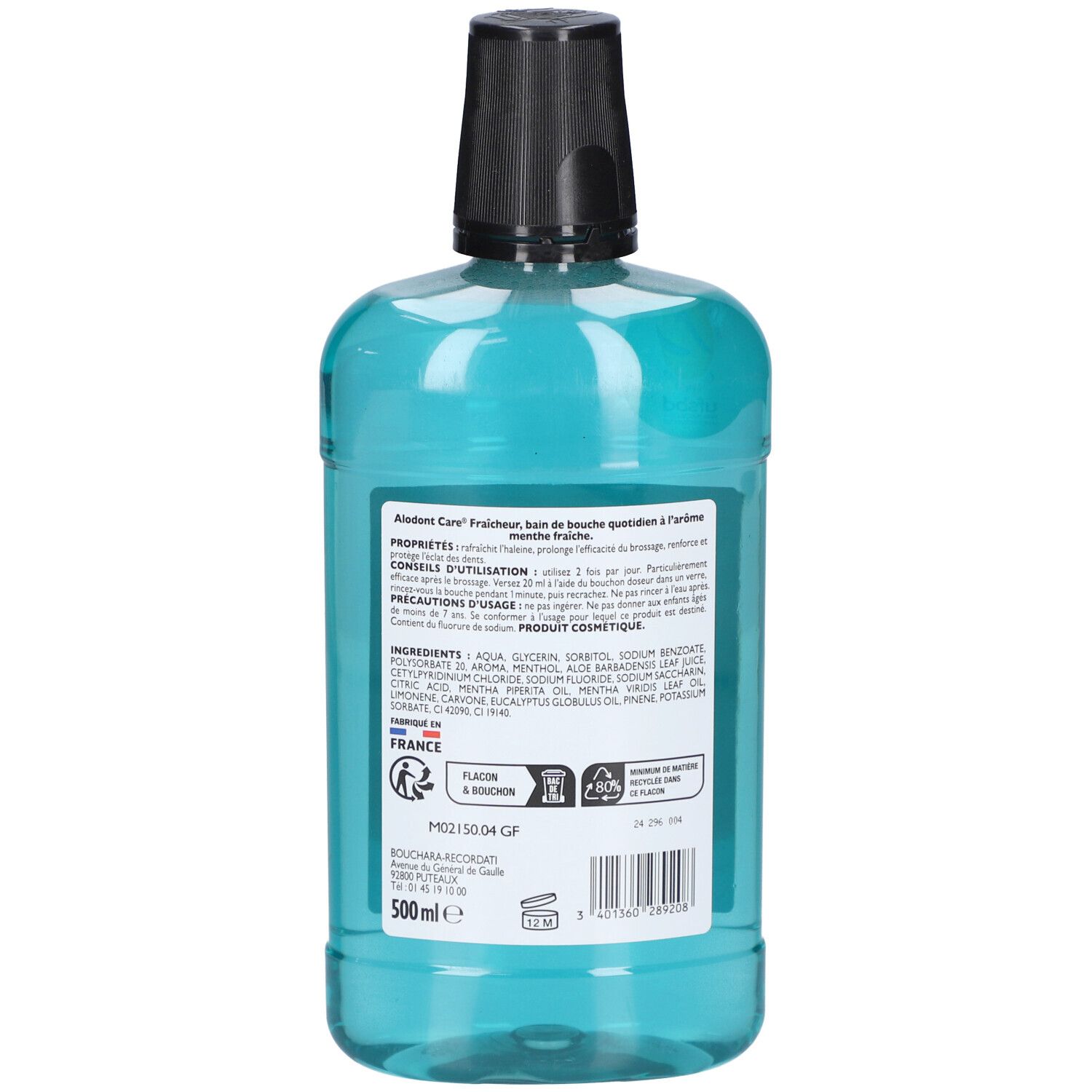 Dos du flacon de bain de bouche. Texte: ingrédients, mode d'emploi. 500ml, fabriqué en France, symbole de recyclage.