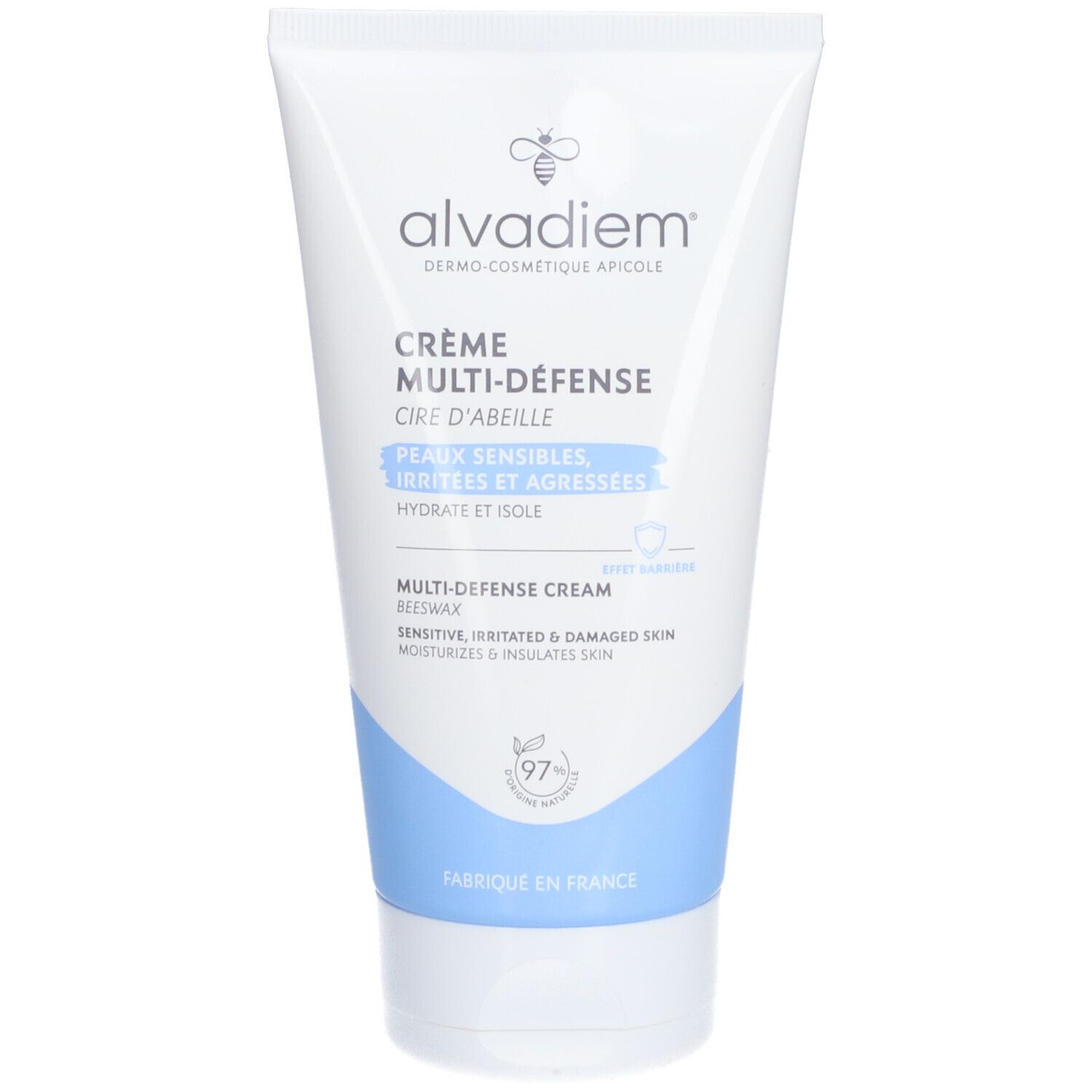 Alvadiem Crème Multi-Défense Tube. Weißes Tube mit Produktnamen und blauer Schrift. Enthält Bienenwachs. 97% natürliche Inhaltsstoffe.