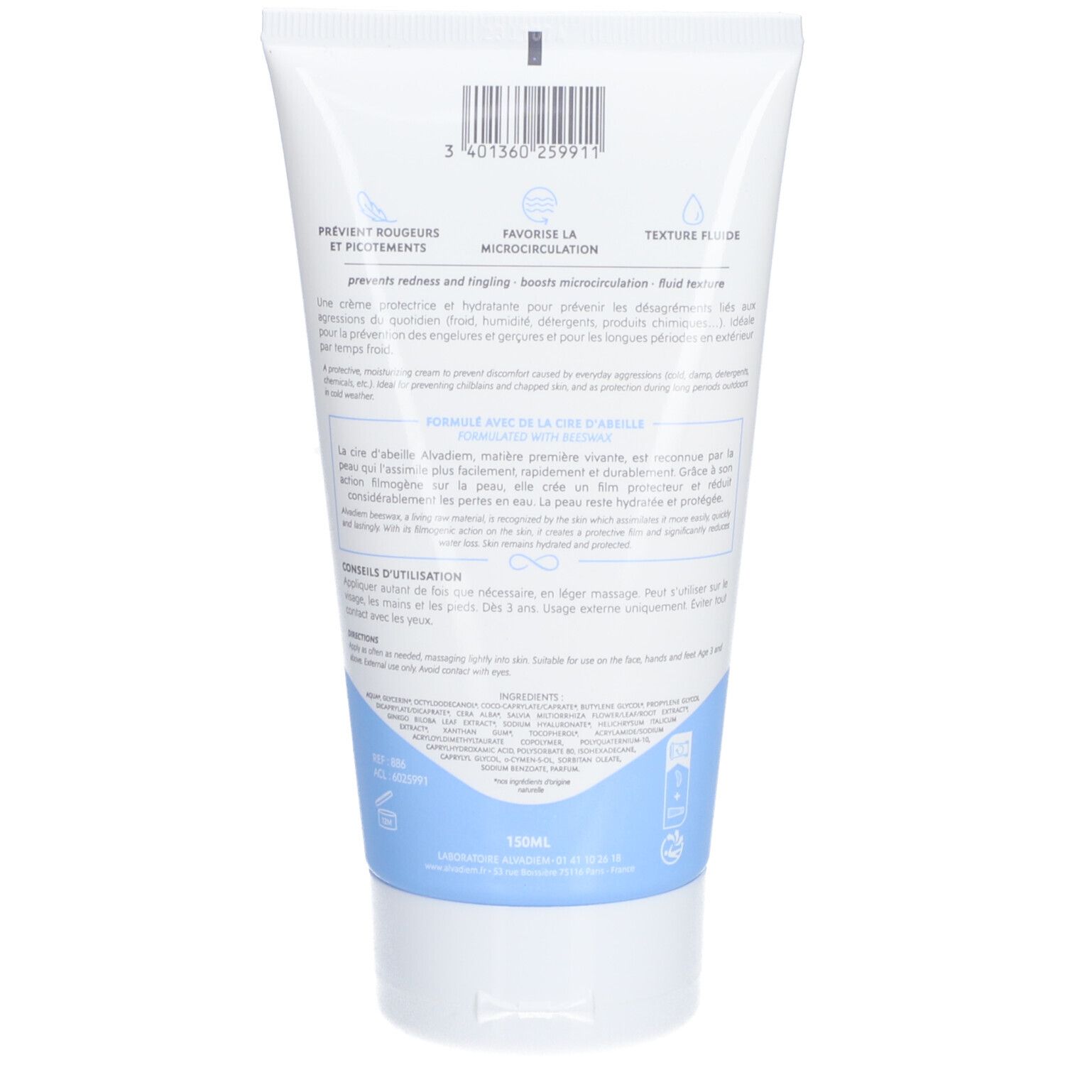 Rückseite der Alvadiem Crème Multi-Défense Tube. Text in Französisch. Barcode oben. Enthält Bienenwachs. 150ml.