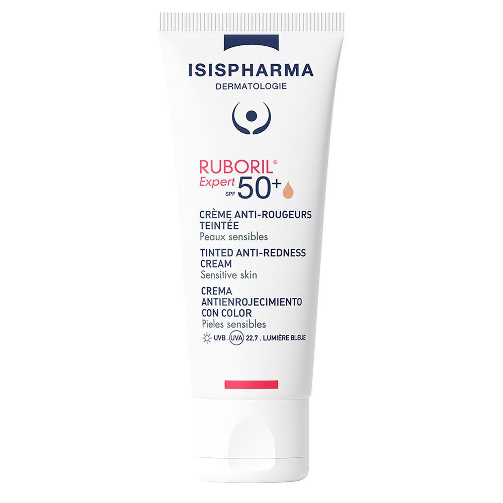 Weiße Tube mit ISISPHARMA-Logo und Ruboril Expert SPF50+. Text: Crème anti-rougeurs teintée, Peaux sensibles. UV-Schutz.
