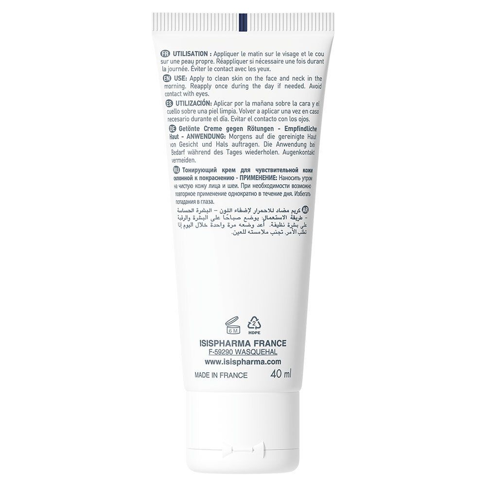 Rückseite der weißen Tube. Text in mehreren Sprachen: Anwendung, Inhaltsstoffe, ISISPHARMA-Adresse, 40 ml. Hergestellt in Frankreich.